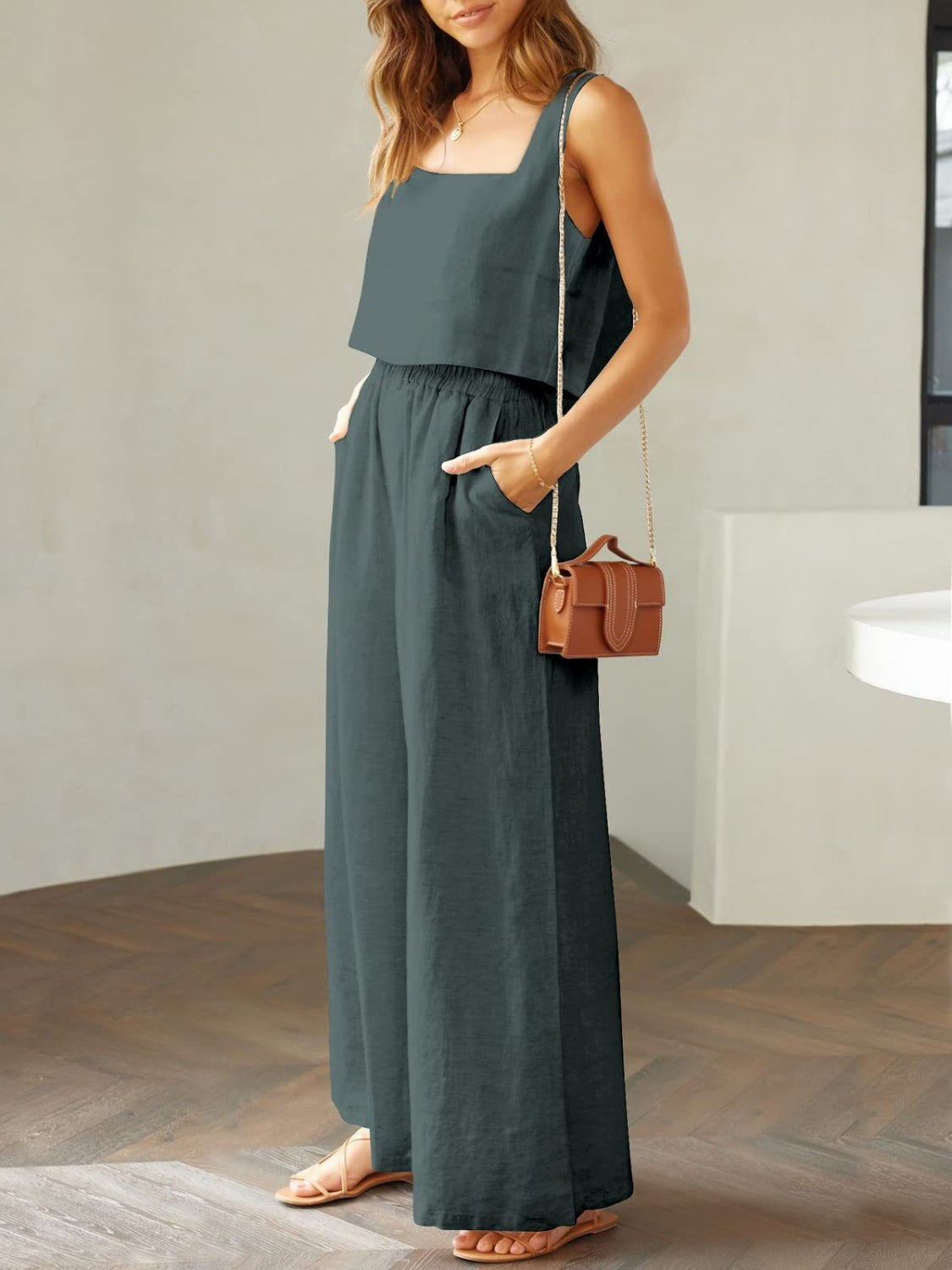 Stacey B's Square Neck Top and Wide Leg Pants Set