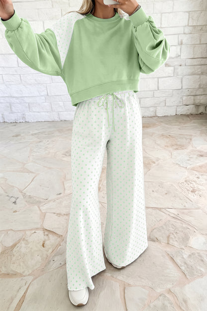 Stacey B's Green Polka Dot Patchwork Colorblock Long Sleeve Casual Two Piece Pants Set