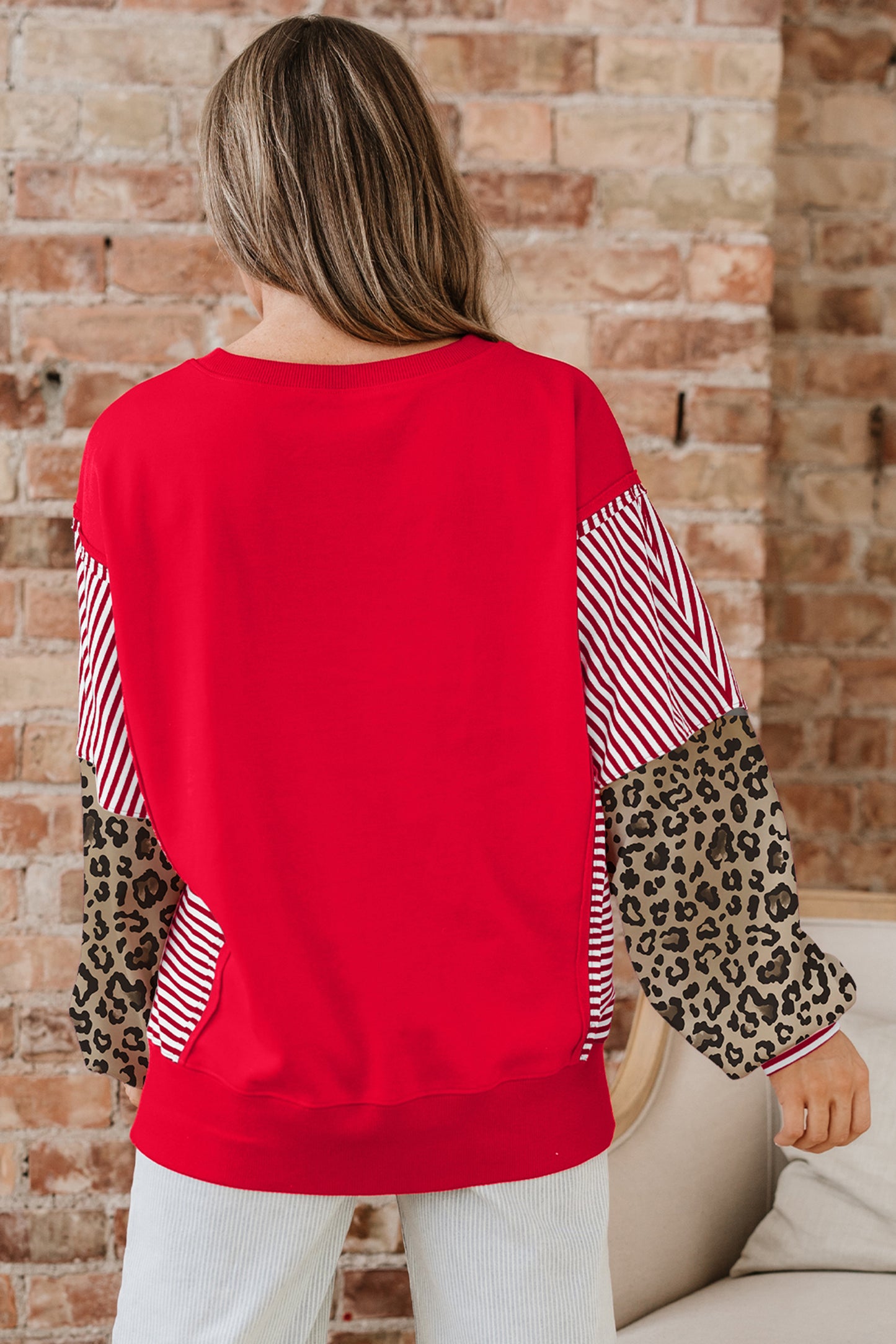 Stacey B's Racing Red Striped Patchwork Sleeve Colorblock Sweatshirt
