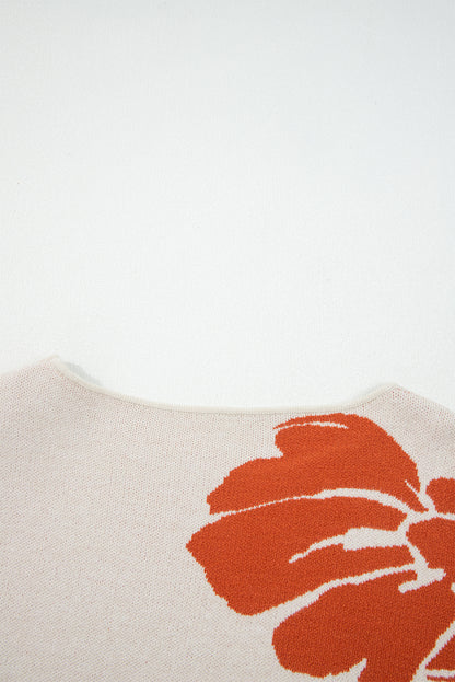 Stacey B's Beige Bold Flower Pattern Wide Sleeve Baggy Sweater