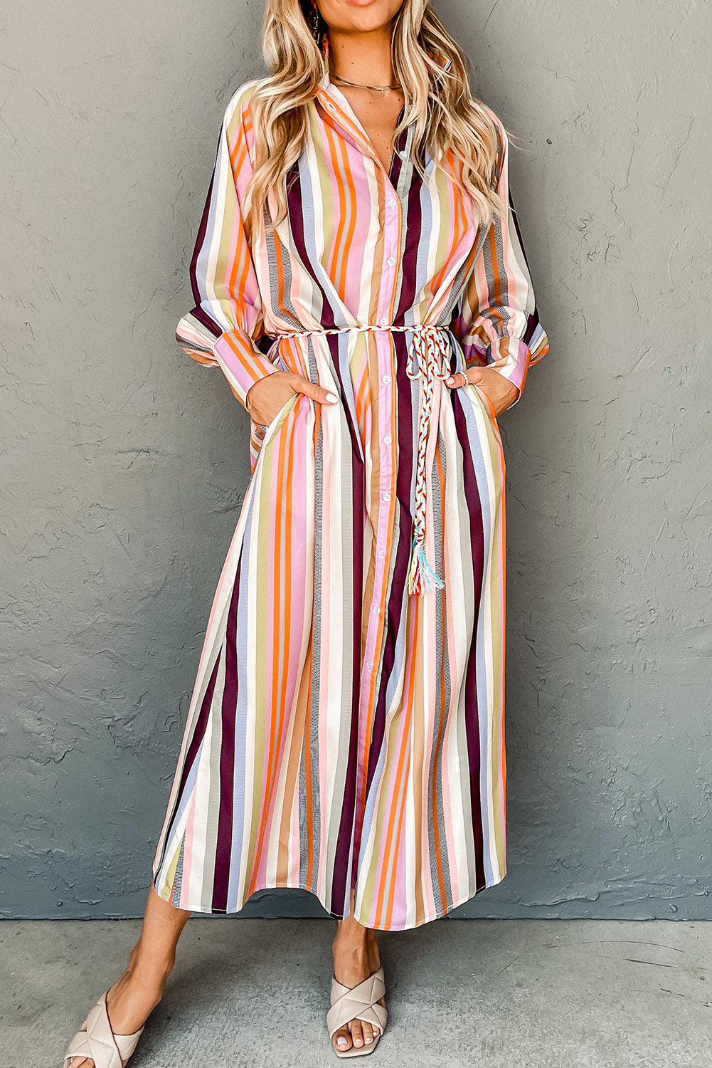 Stacey B's White Multicolor Striped Cuffed Sleeve Tassel Tied Shirt Maxi Dress