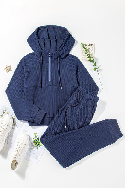 Stacey B's Navy Blue Ribbed Knit Cropped Hoodie and Drawstring Joggers Set