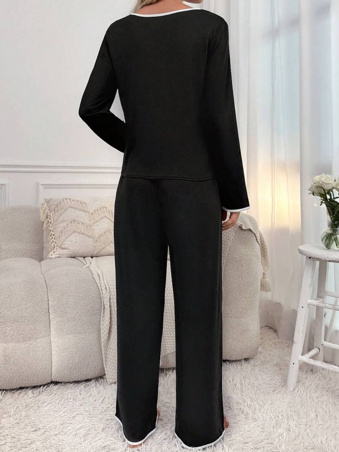 Stacey B's Contrast Trim Notched Long Sleeve Top and Pants Lounge Set