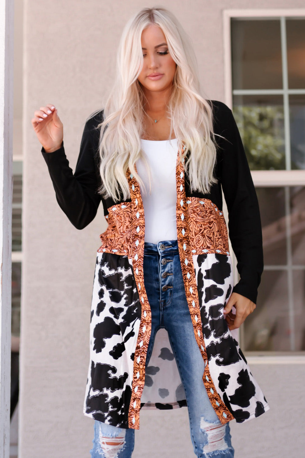 Stacey B's Black Western Pattern Cow Patchwork Open Front Cardigan