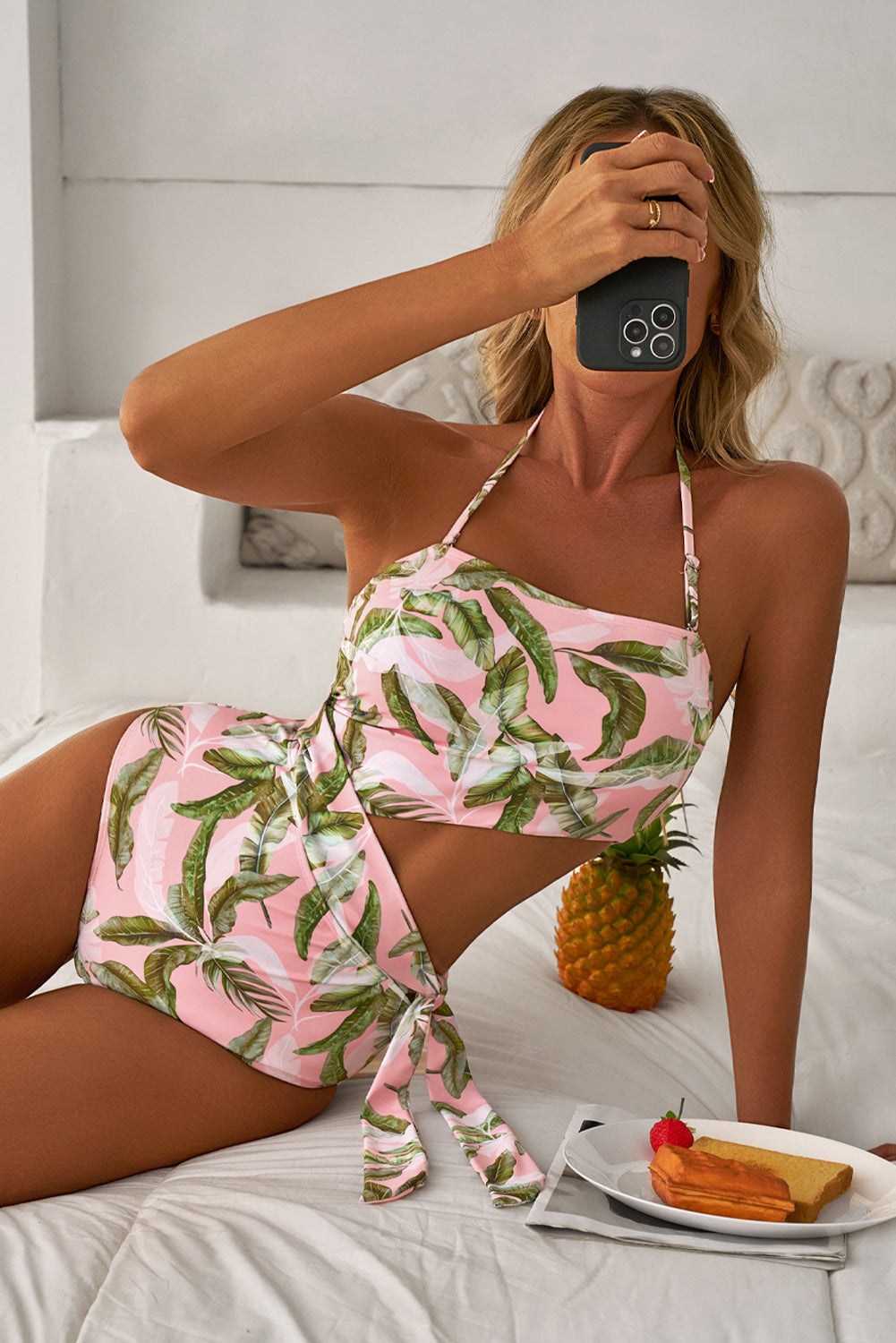 Stacey B's Pink Tropical Asymmetric Cut out Halter Backless One Piece Swimwear