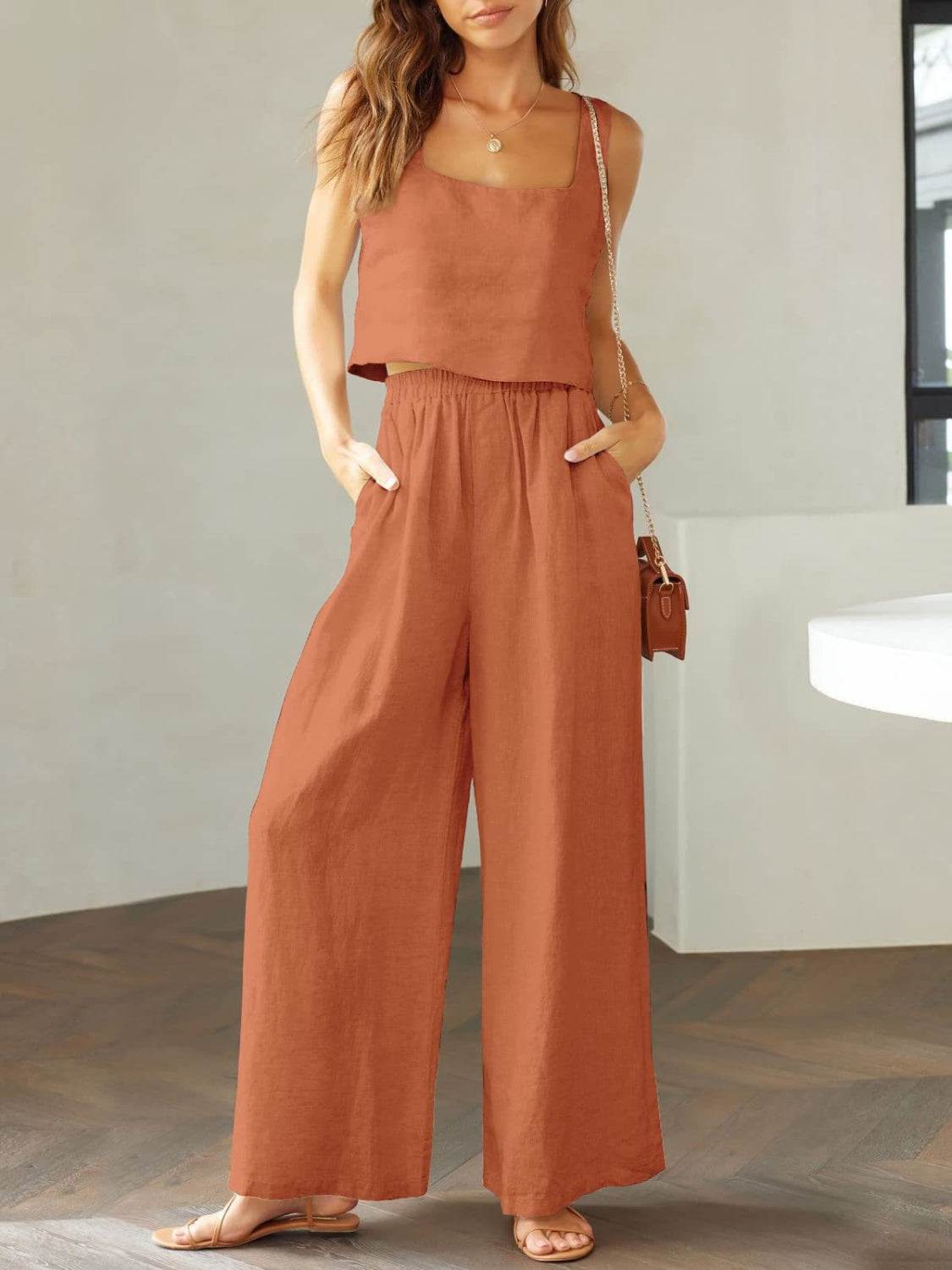 Stacey B's Square Neck Top and Wide Leg Pants Set