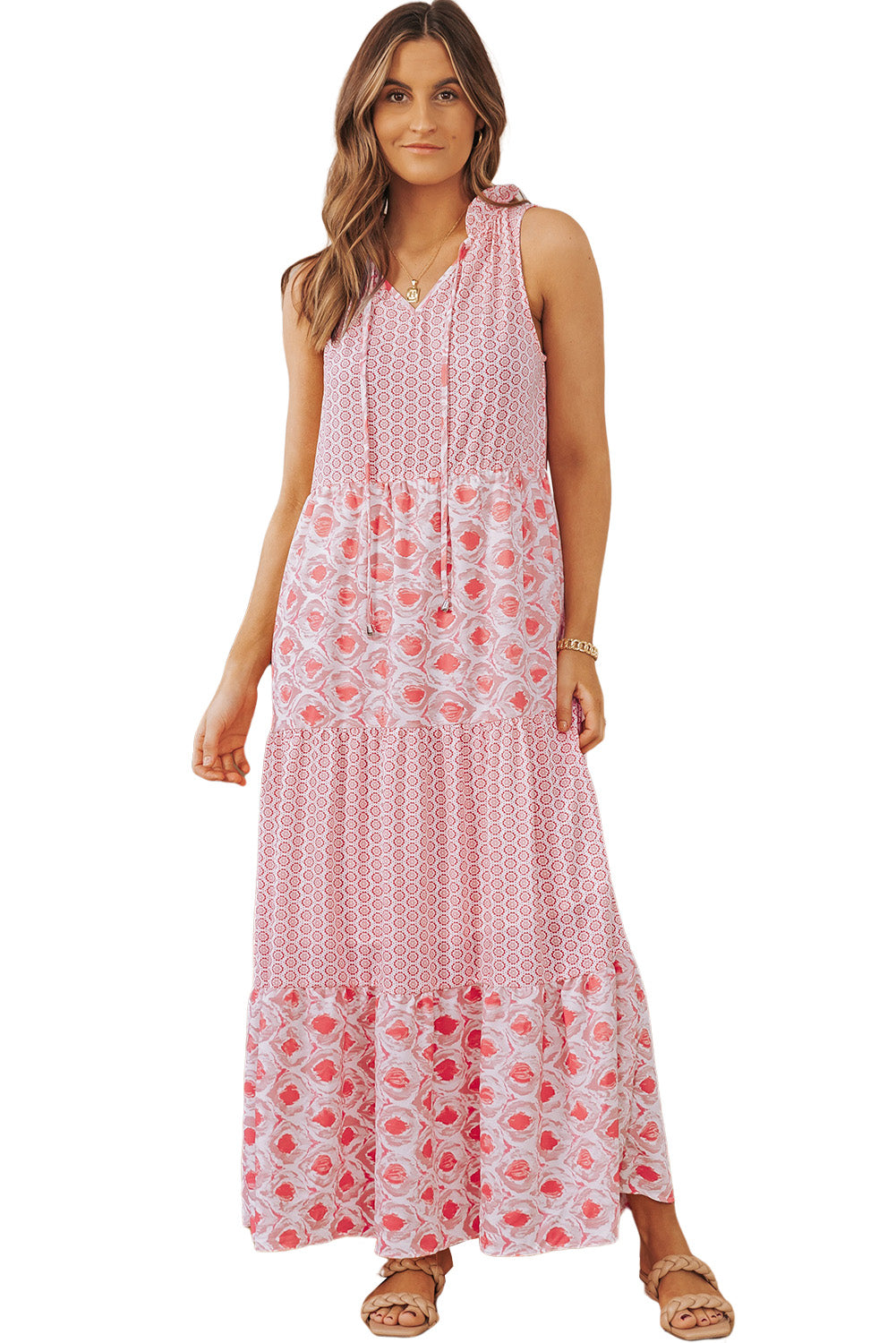 Stacey B's Pink Abstract Print Patchwork Sleeveless V Neck Tiered Dress