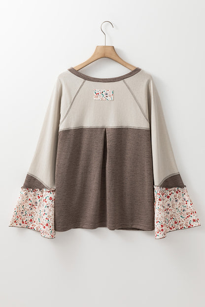 Stacey B's Goat Colorblock Floral Patchwork Flared Sleeve Buttons Henley Top