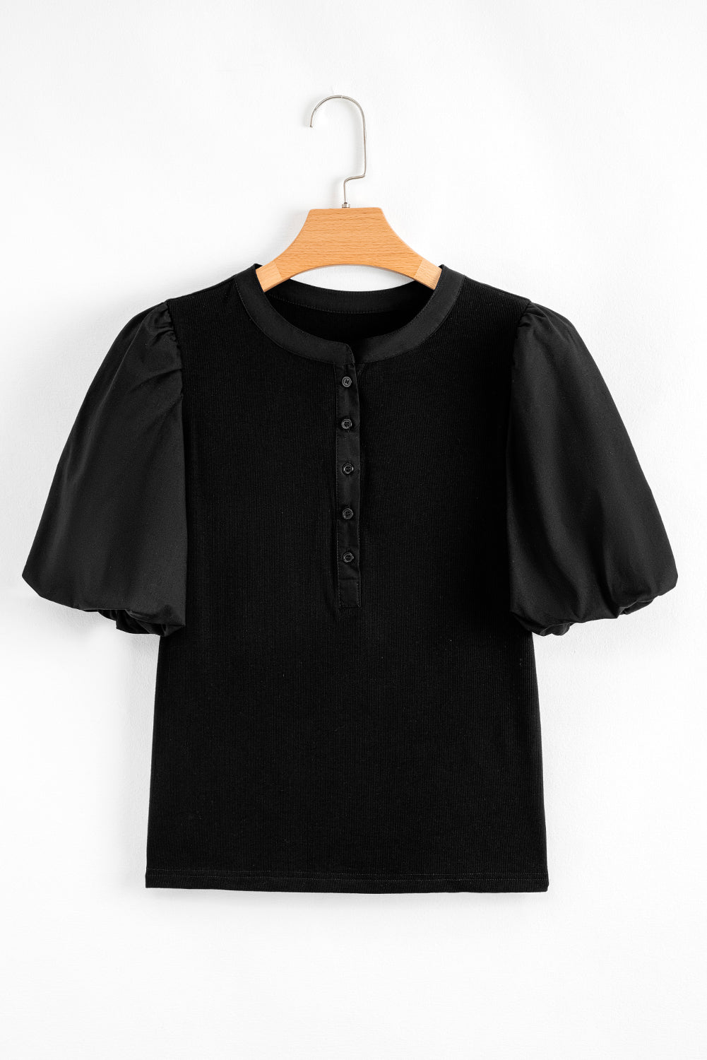 Stacey B's Black Ribbed Patchwork Puff Sleeve Half Button Placket Slim Fit Top