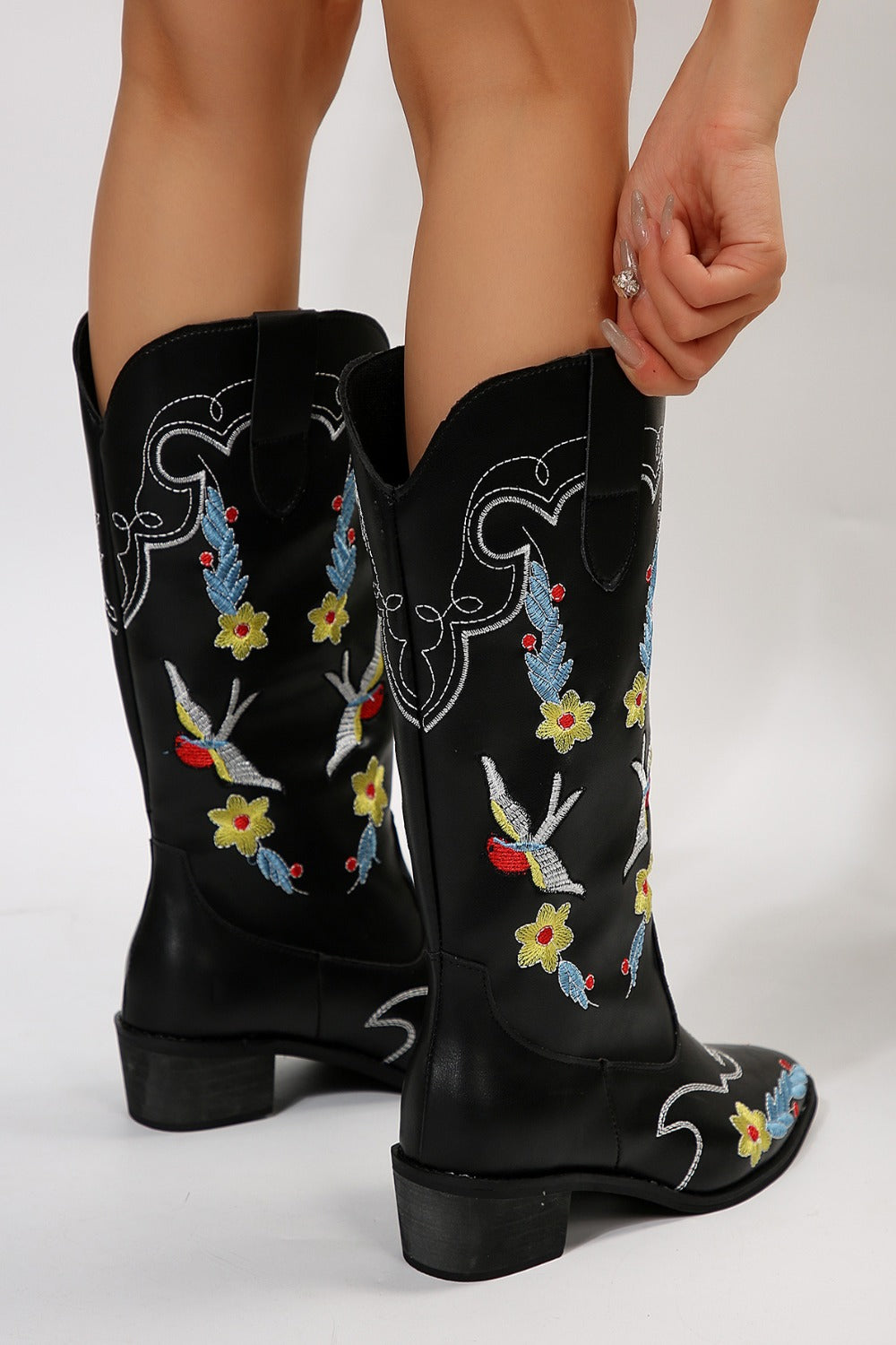 Stacey B's Embroidered Point Toe Block Heel Boots