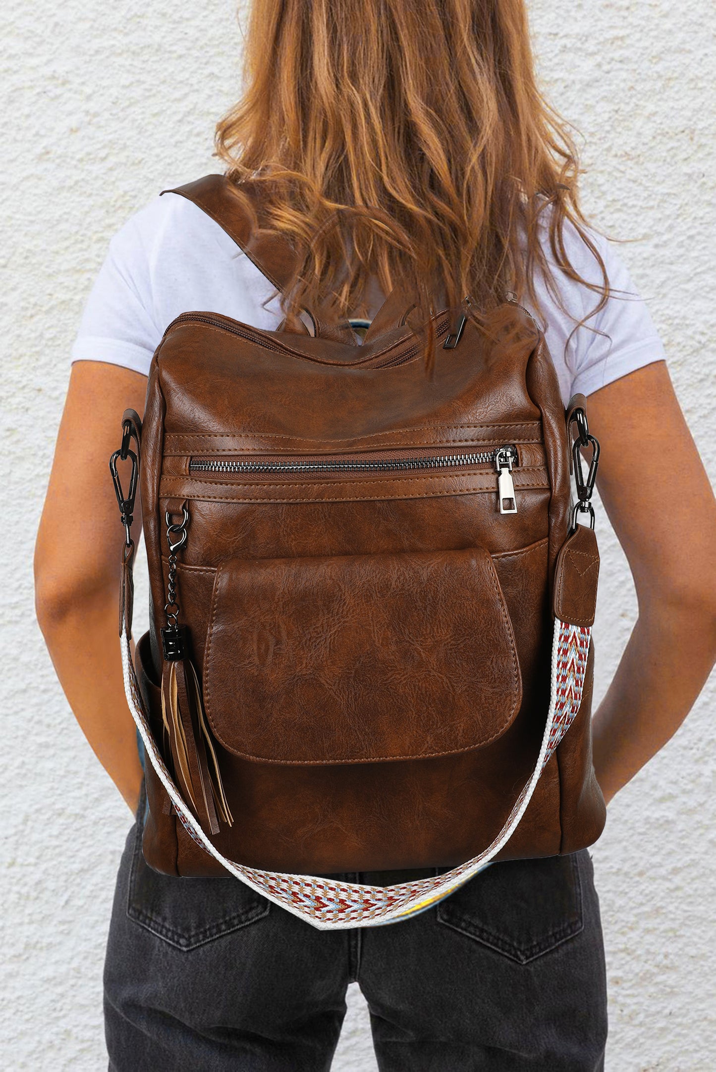 Stacey B's Brown Tassel Decor Retro PU Large Capacity Backpack