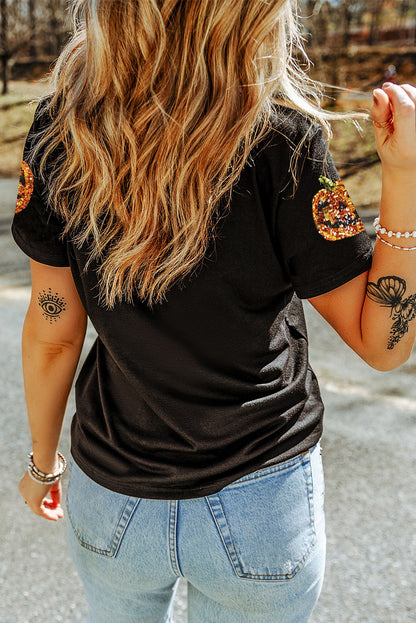 Stacey B's Black Sequin Pumpkin Face Halloween T Shirt