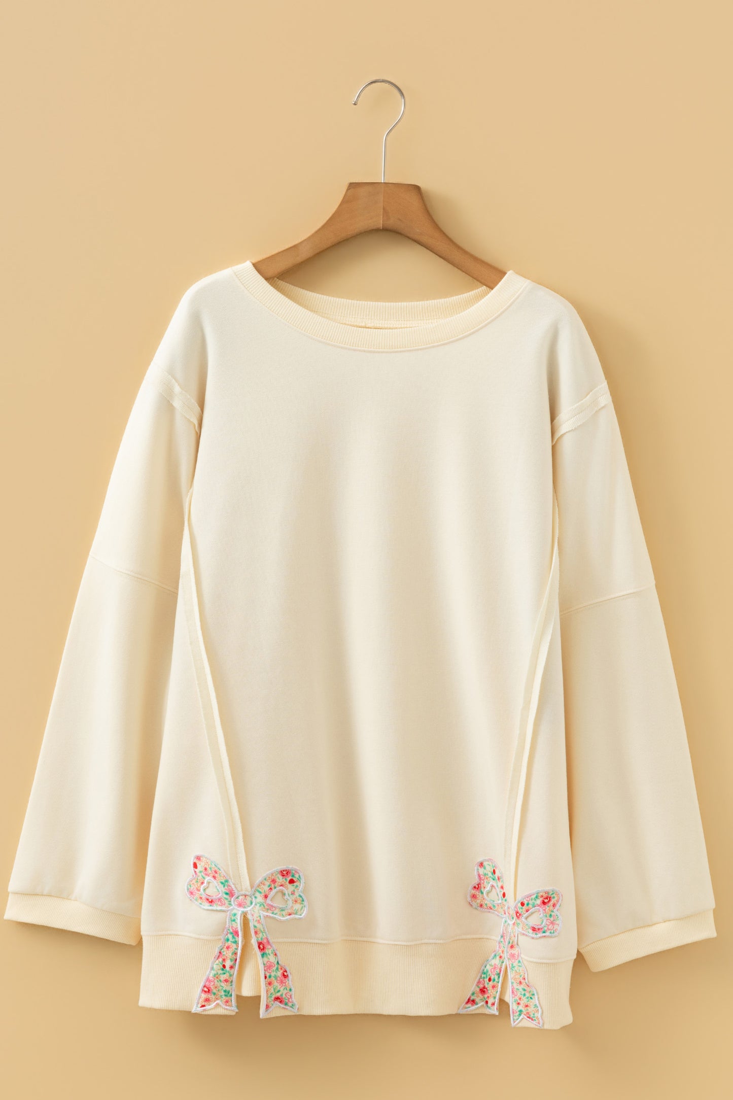 Stacey B's Beige Plus Size Raw Seam Detail Floral Bow Patched Baggy Pullover