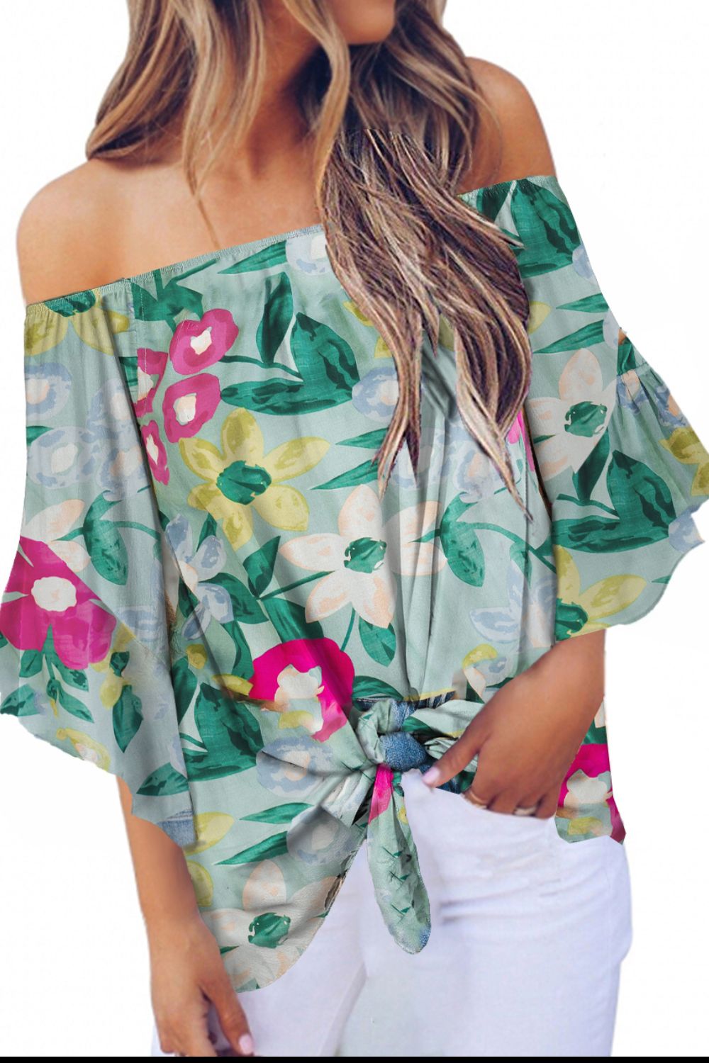 Stacey B's Tied Printed Off-Shoulder Half Sleeve Blouse