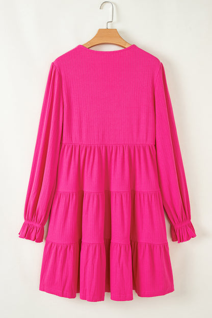 Stacey B's Rose Red Colorful Crochet V Neck Textured Tiered Ruffled Long Sleeve Mini Dress