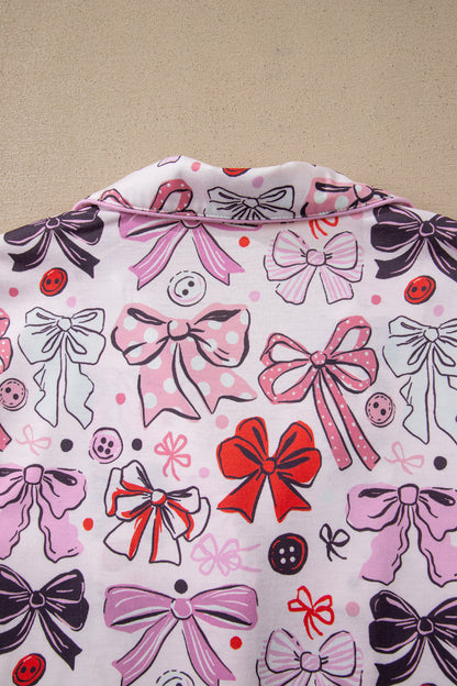 Stacey B's Pink Cute Ribbon Bows Printed Shirt Style 2pcs Short Pajama Set