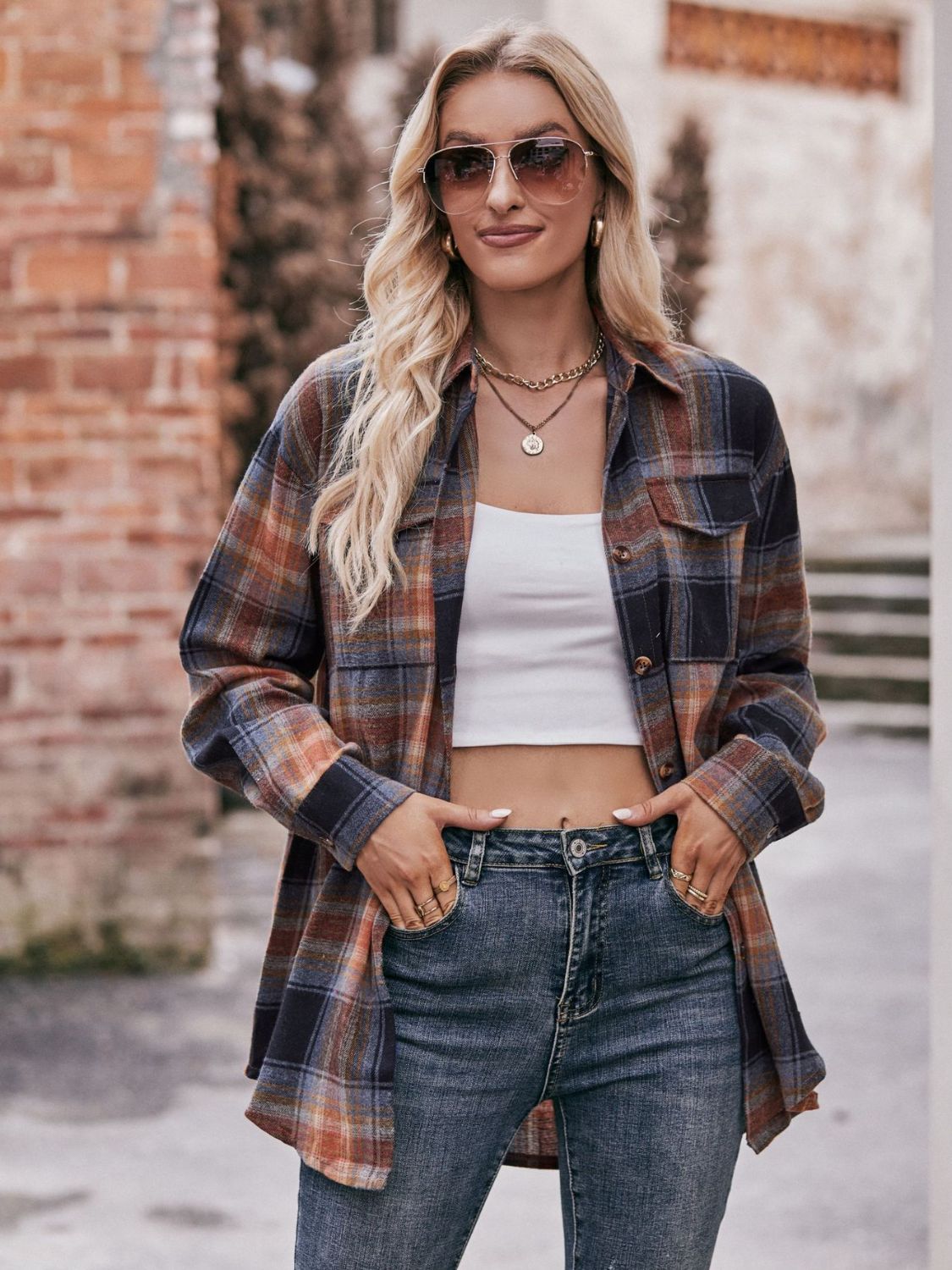 Stacey B's Mandy Plaid Dropped Shoulder Longline Shirt