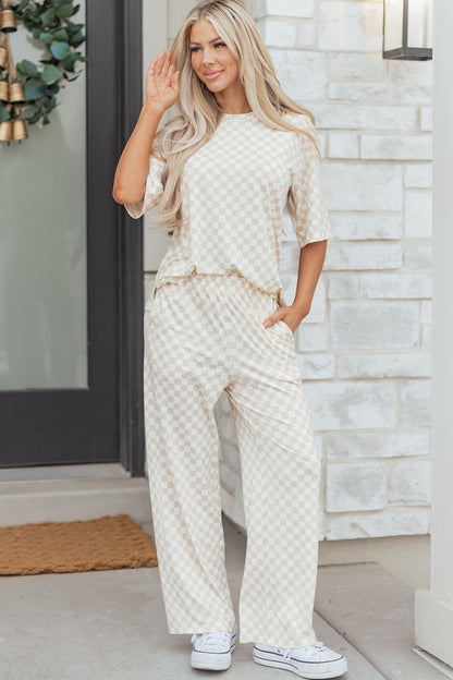 Stacey  B's Rose Checkered Print Half Sleeve Tee 2pcs Lounge Pant Set