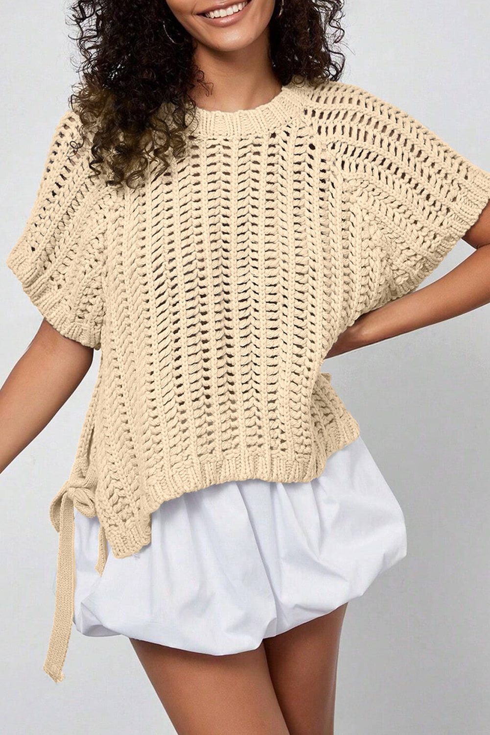 Stacey B's Apricot Plus Size Open Knit Bow Tie Short Sleeve Sweater