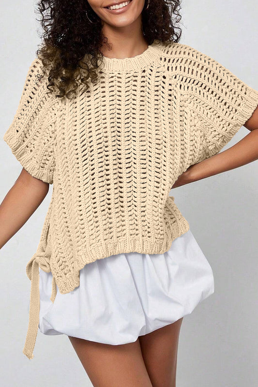 Stacey B's Apricot Plus Size Open Knit Bow Tie Short Sleeve Sweater