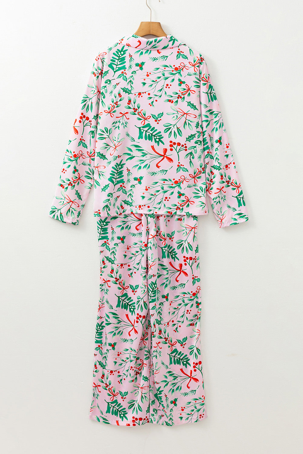 Stacey B's Pink Christmas Berries Plant Print Satin Long Sleeve Pajama Set