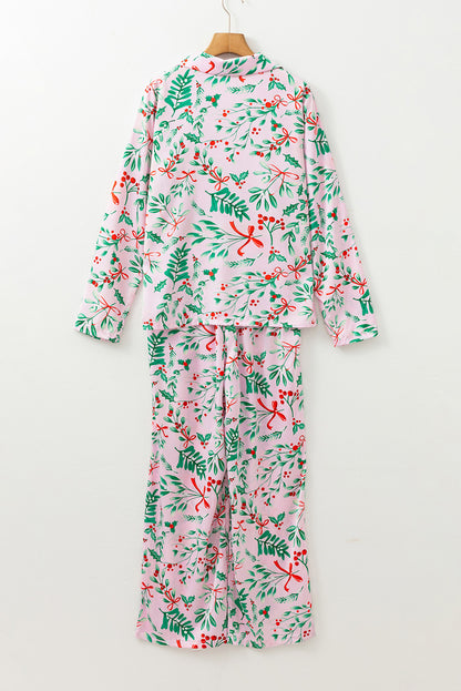 Stacey B's Pink Christmas Berries Plant Print Satin Long Sleeve Pajama Set