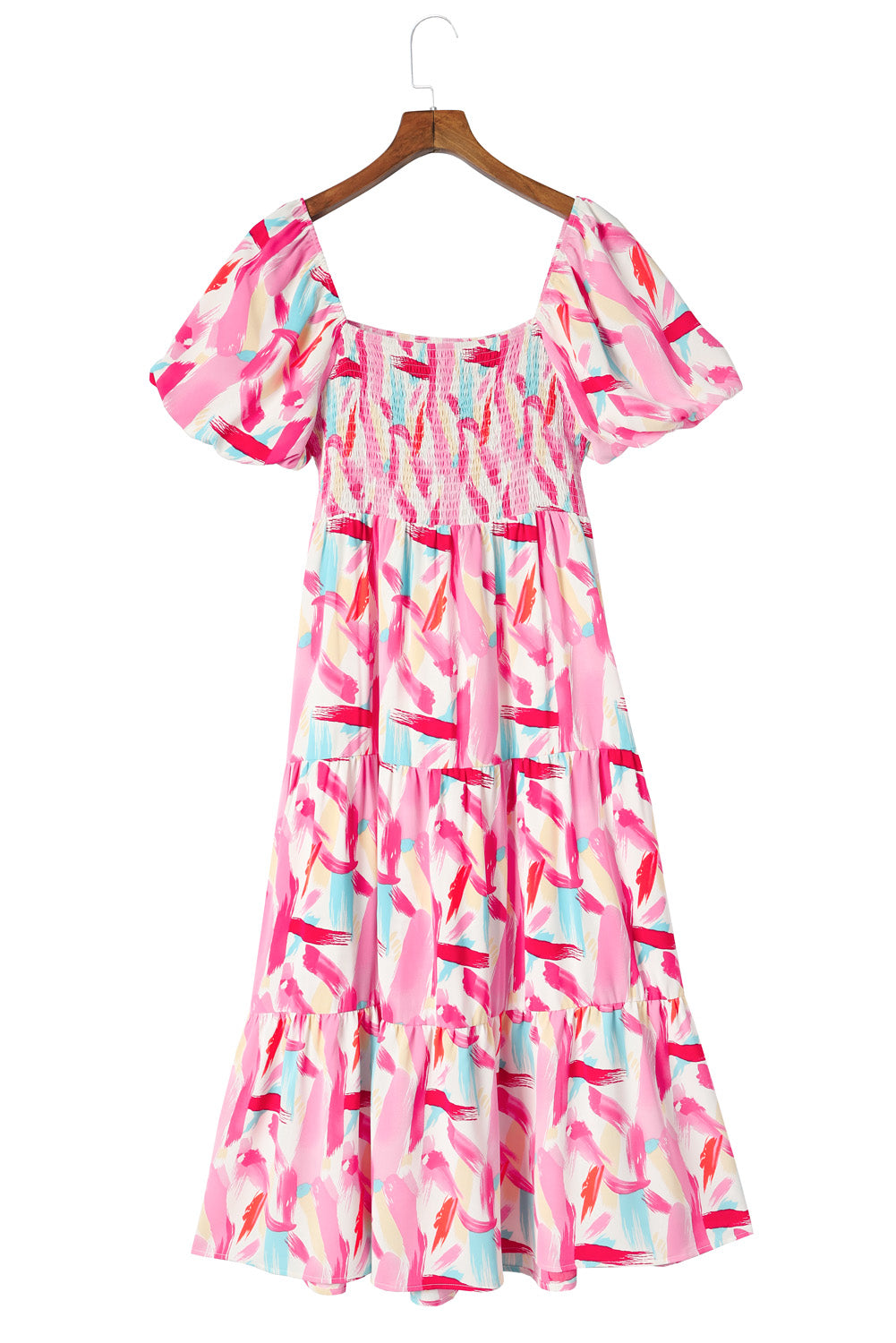 Stacey B's Pink Brush Stroke Printed Smocked Ruffle Tiered Dress