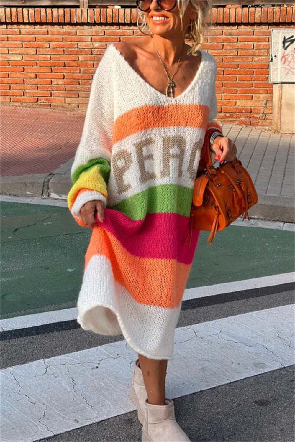 Stacey B's Color Block V-Neck Long Sleeve Sweater Dress