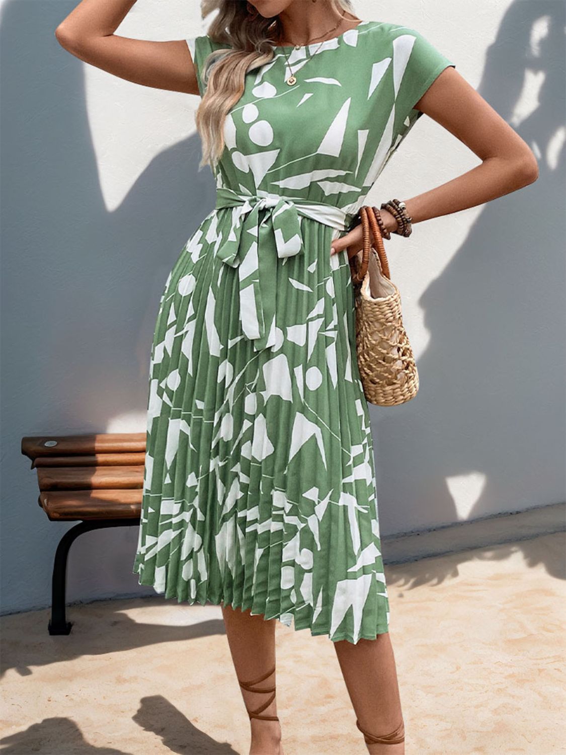 Stacey B's Tied Pleated Printed Cap Sleeve Dress