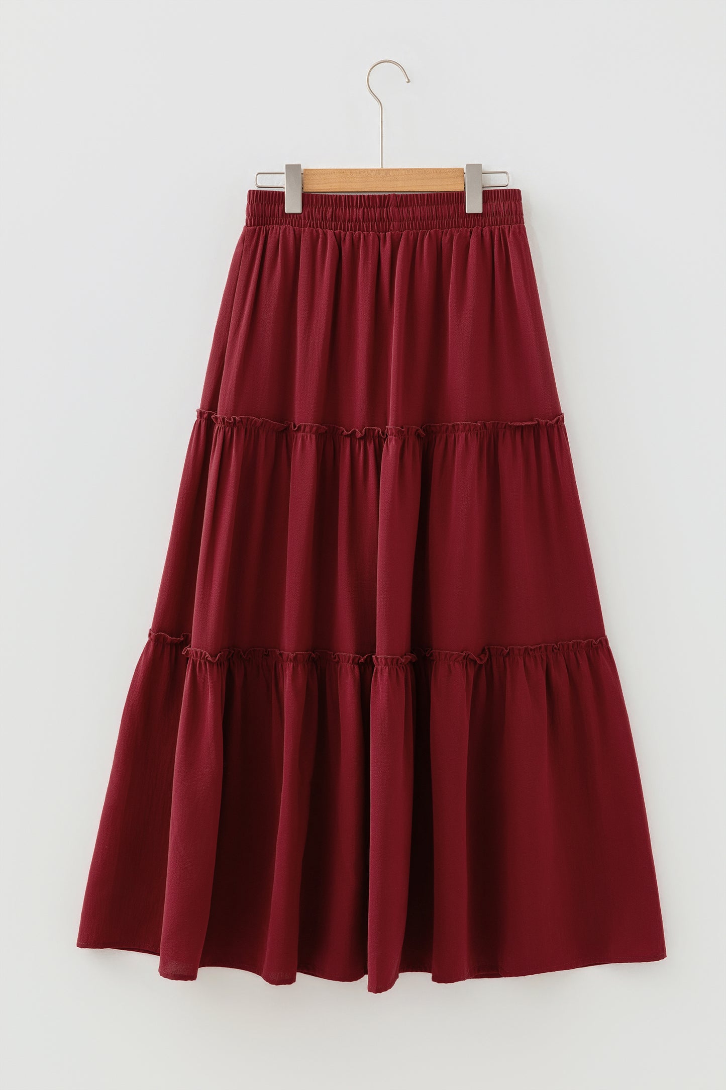 Stacey B's Fiery Red Black Frill Tiered Drawstring Waist Maxi Skirt