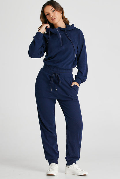 Stacey B's Navy Blue Ribbed Knit Cropped Hoodie and Drawstring Joggers Set
