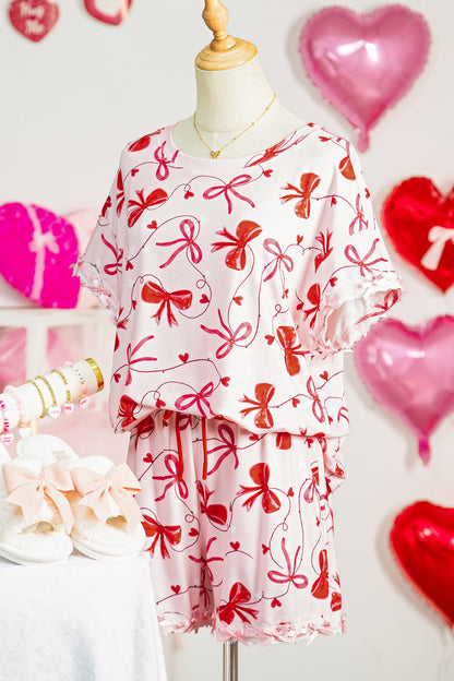Stacey B's Red Romantic Bow Print Loose Tee Drawstring Shorts 2pcs Lounge Set