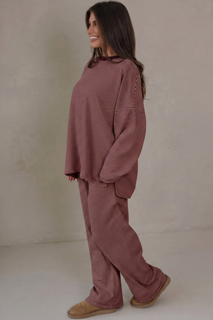 Stacey B's Beige Stripe Contrast Trim Round Neck Oversize Long Sleeve Top 2pcs Pant Set