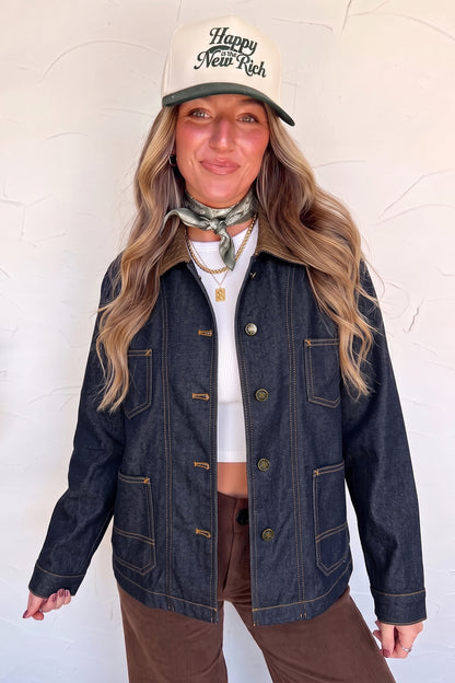 Stacey B's Navy Blue Contrast Collar Stitched Detail Button Denim Jacket