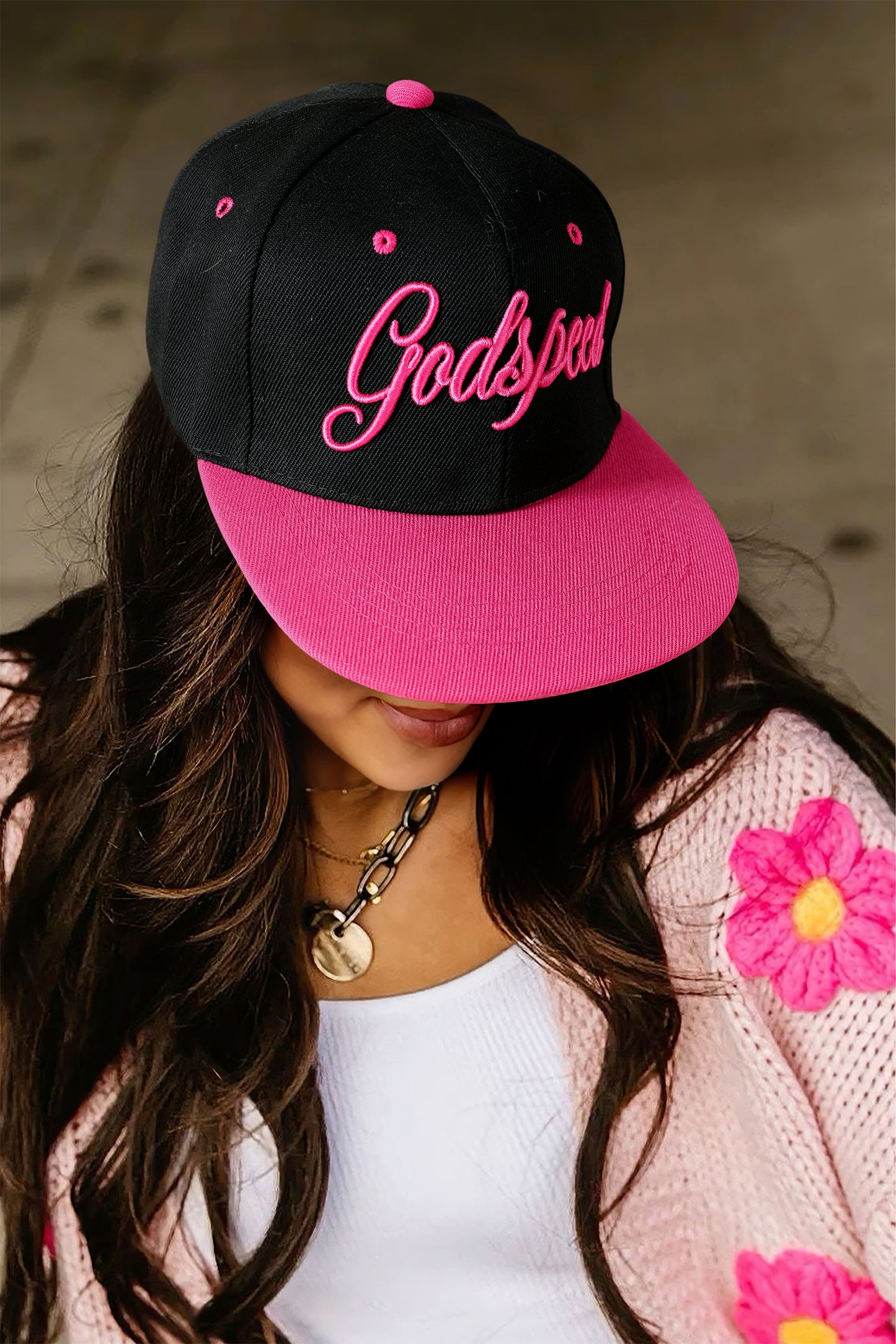 Stacey B's Rose Red Godspeed Letter Embroidered Color Block Cap