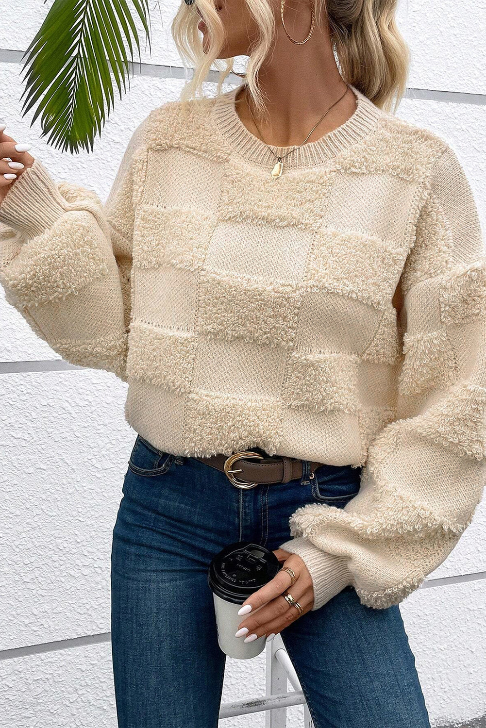 Stacey B's Parchment Checkered Sherpa Crew Neck Loose Sweater