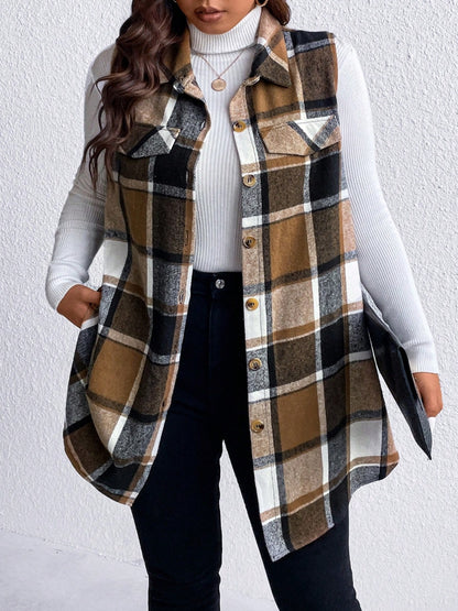 Stacey B's Honey Plus Size Pocketed Plaid Button Up Vest Coat