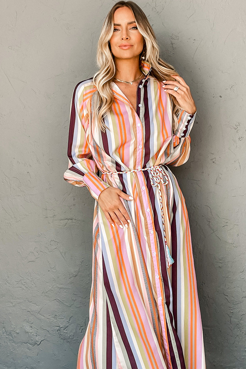 Stacey B's White Multicolor Striped Cuffed Sleeve Tassel Tied Shirt Maxi Dress