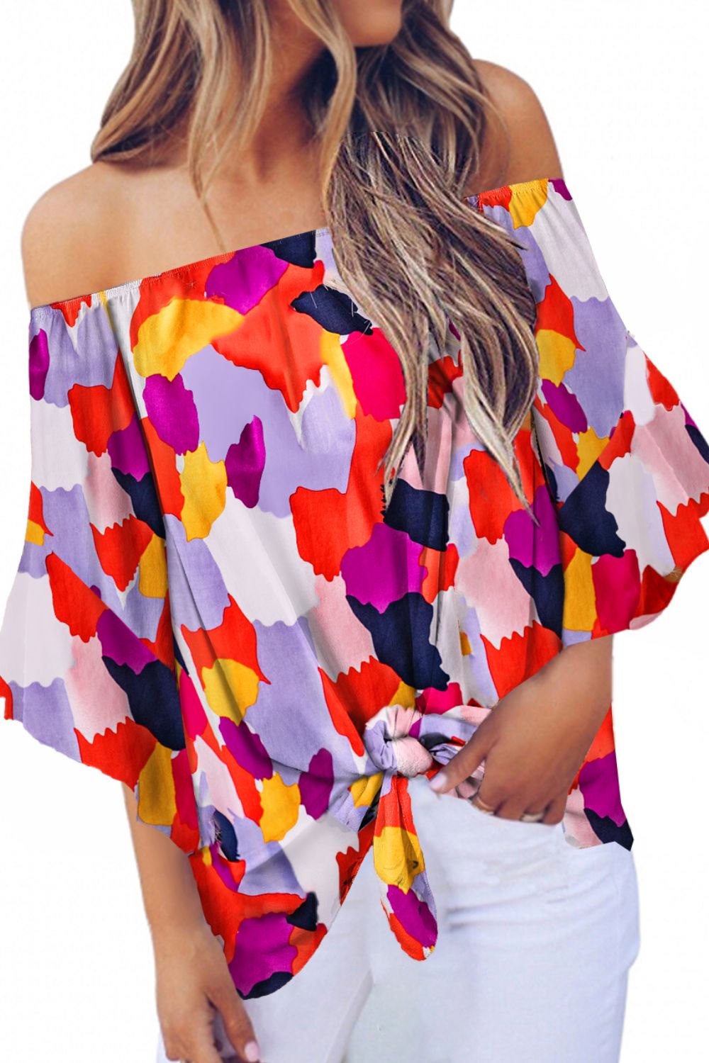 Stacey B's Tied Printed Off-Shoulder Half Sleeve Blouse