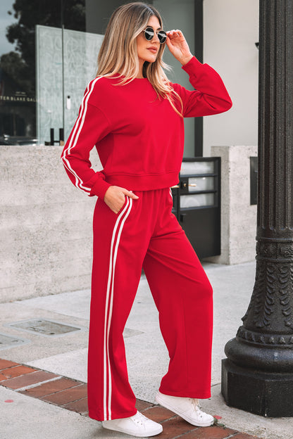 Stacey B's Fiery Red Varsity Striped Detail Crewneck Pullover Elastic Sweatpants 2pcs Outfit