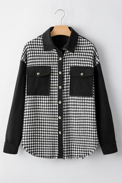 Stacey B's Black Houndstooth Corduroy Patchwork Flap Pocket Shacket