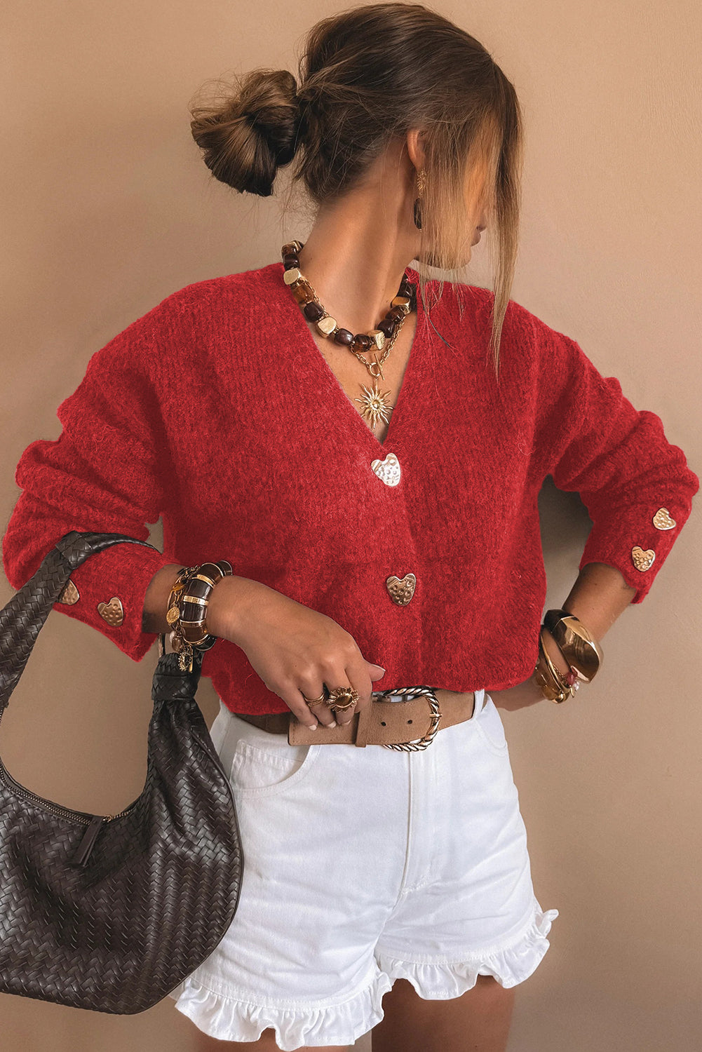 Stacey B's Fiery Red Heart Metal Button V Neck Cardigan Sweater