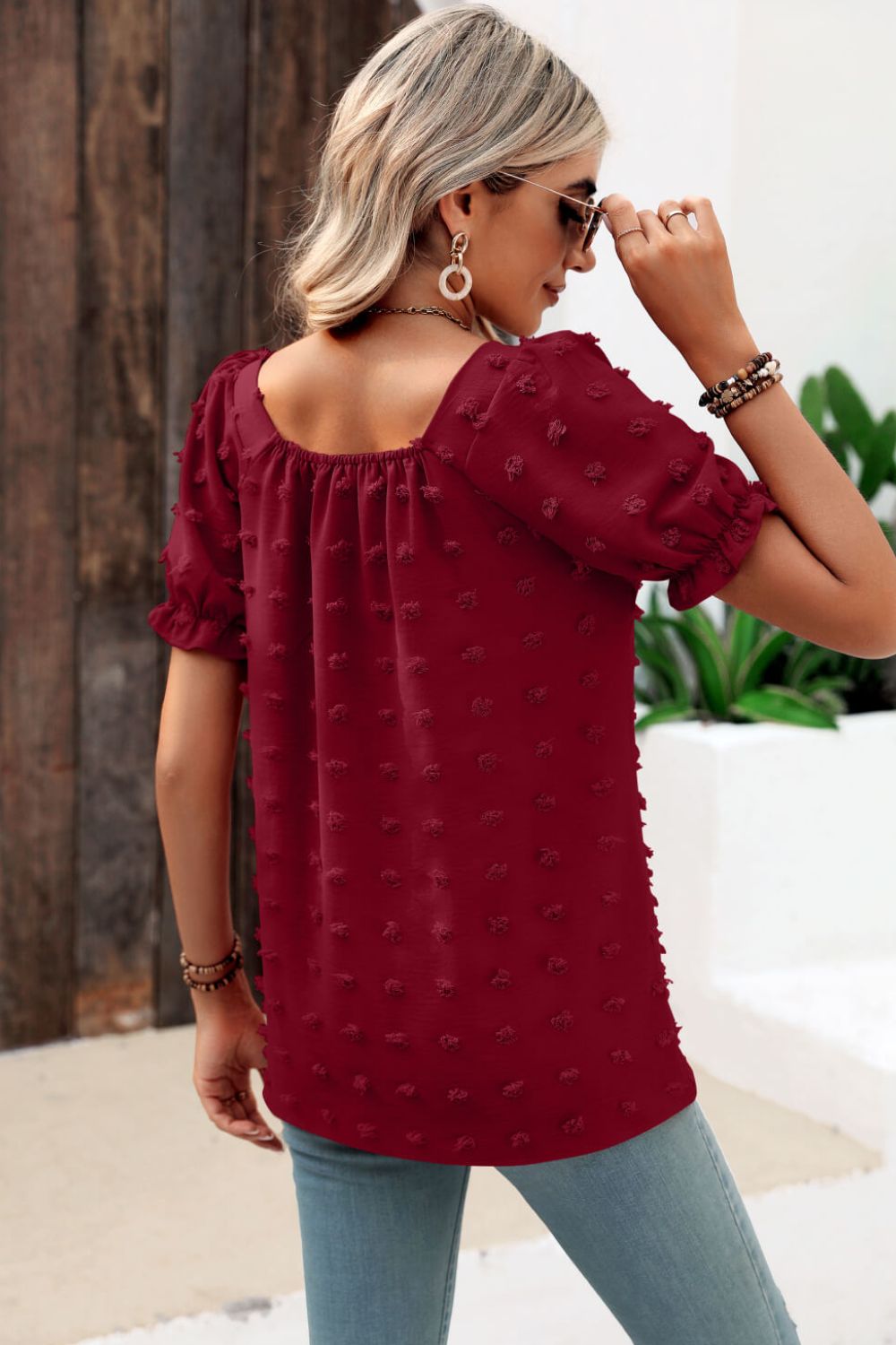 Stacey B's Swiss Dot Puff Sleeve Square Neck Blouse