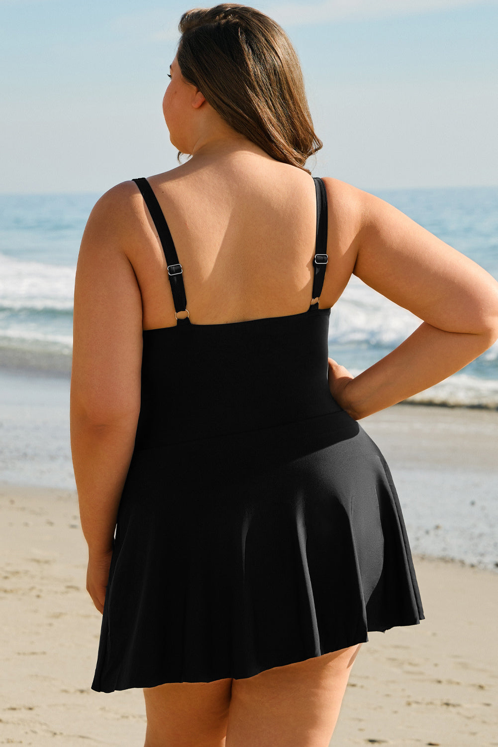 Stacey B's Black Plus Size Solid Pleated Ruffled One Piece Swim Dress