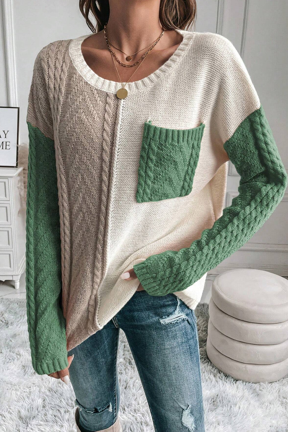 Stacey B's Color Block Round Neck Long Sleeve Sweater