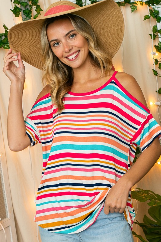 Stacey B's Plus  Multistripe Cold Shoulder Top