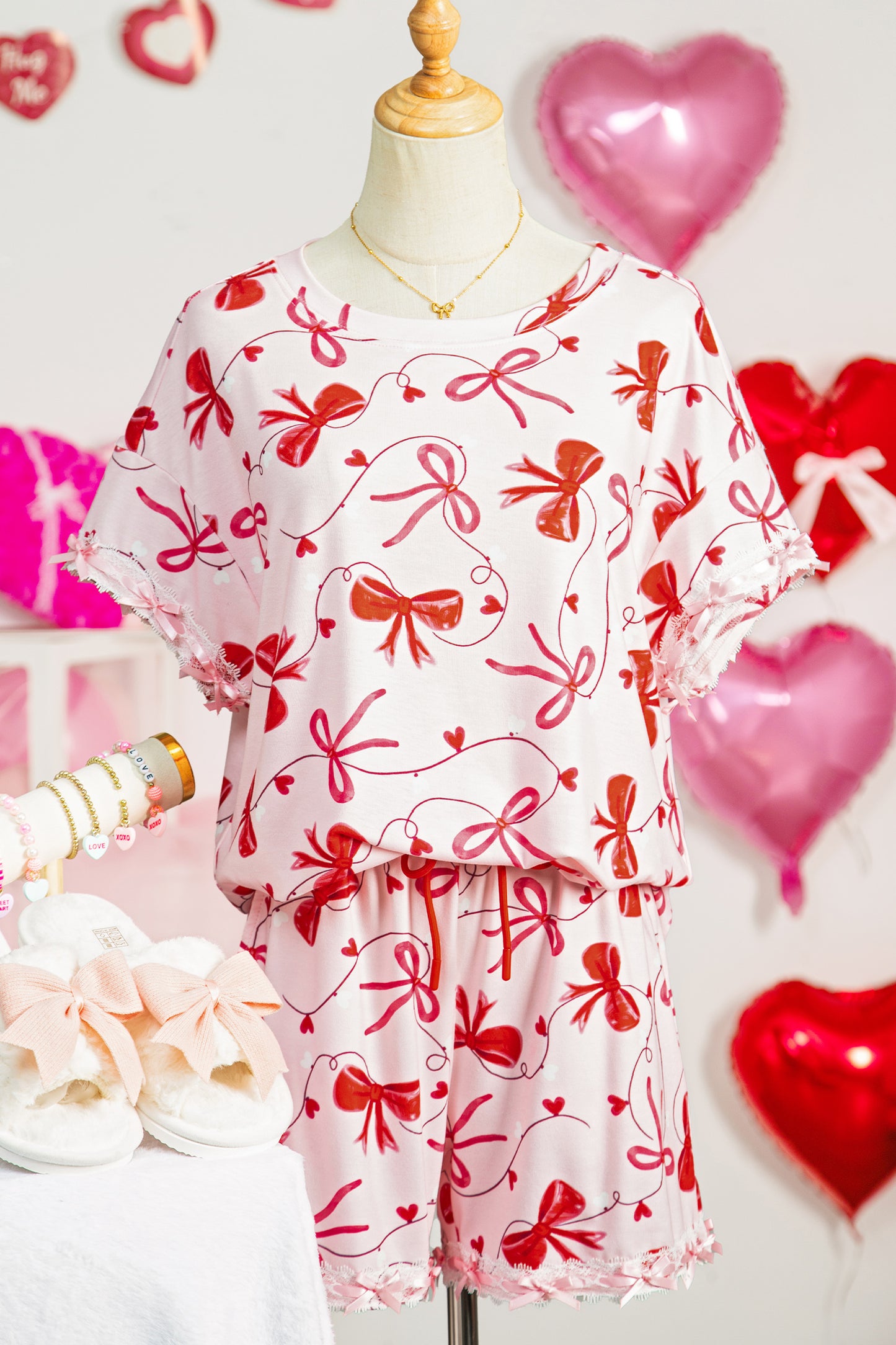 Stacey B's Red Romantic Bow Print Loose Tee Drawstring Shorts 2pcs Lounge Set