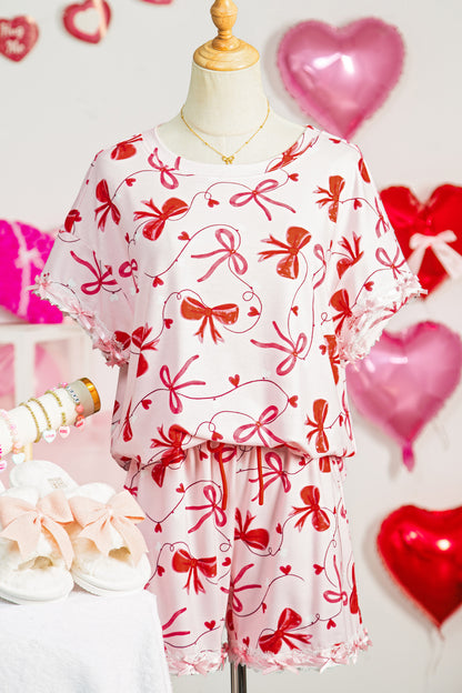 Stacey B's Red Romantic Bow Print Loose Tee Drawstring Shorts 2pcs Lounge Set