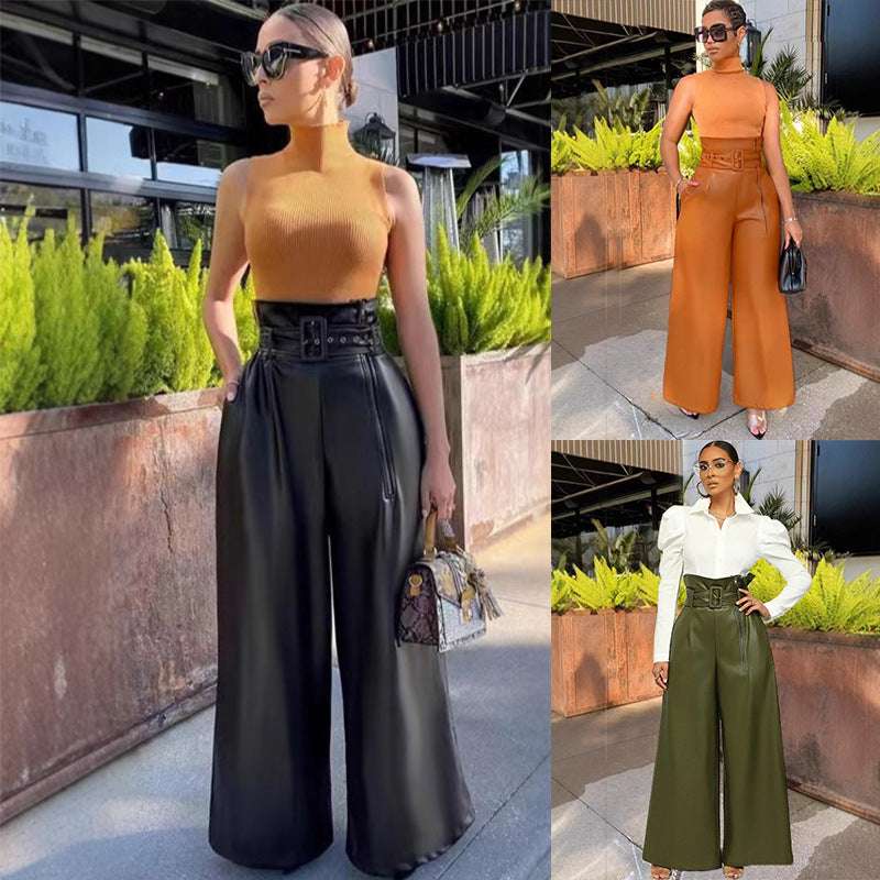 Fashion High-Waisted Long Pants for WomenStyle PU Leather Trousers with Metallic Belt, Wide Leg Pants, INS Trendy Nightclub Look