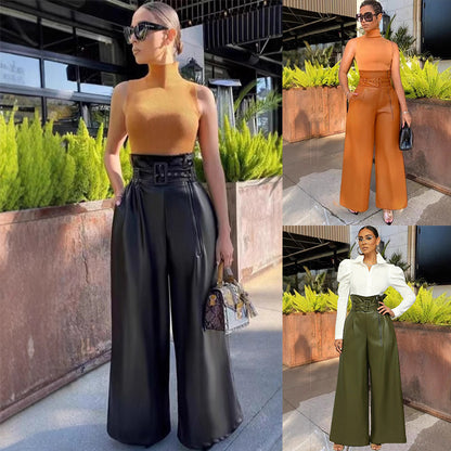 Fashion High-Waisted Long Pants for WomenStyle PU Leather Trousers with Metallic Belt, Wide Leg Pants, INS Trendy Nightclub Look